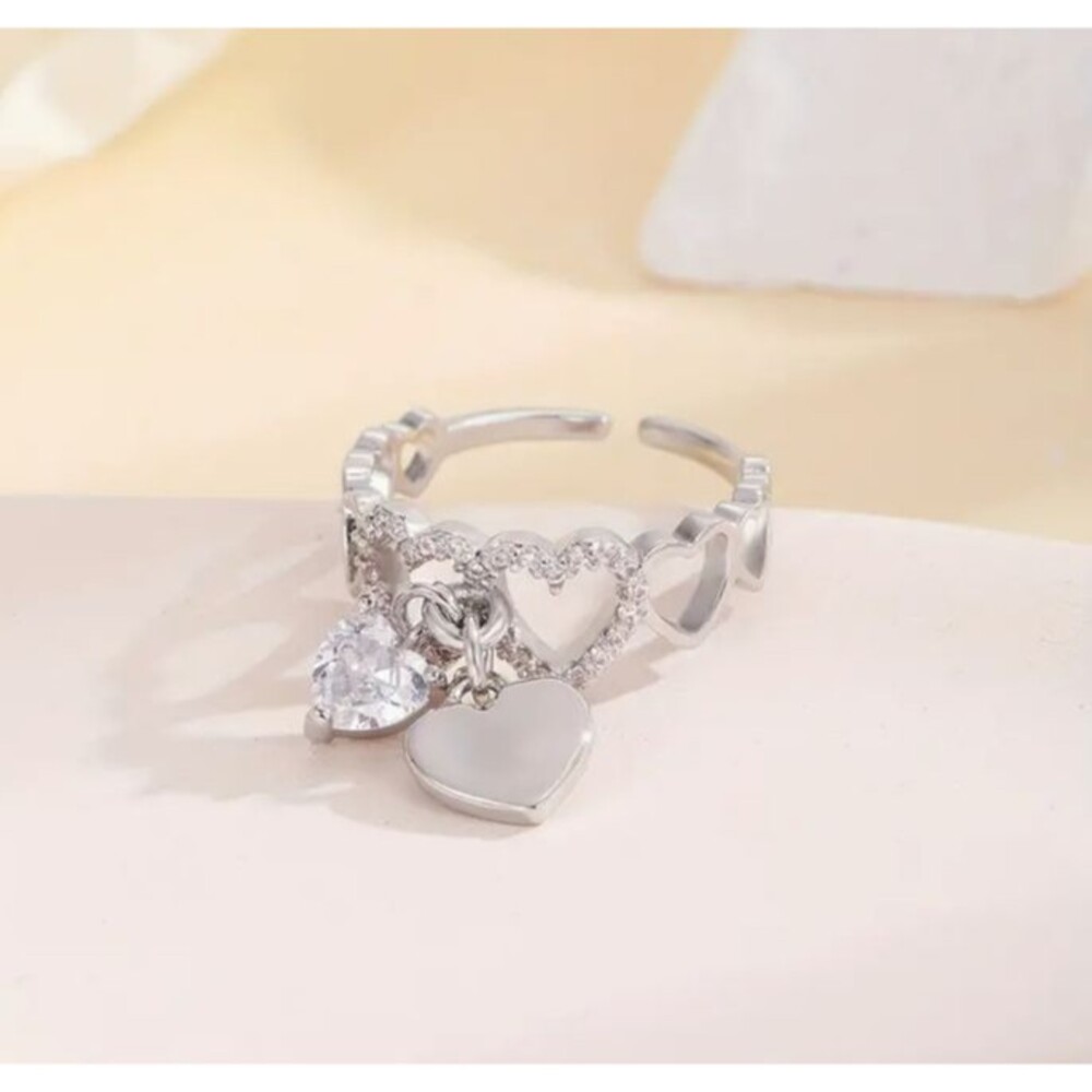 Silver Double Dangle Heart Adjustable Rhinestone Ring